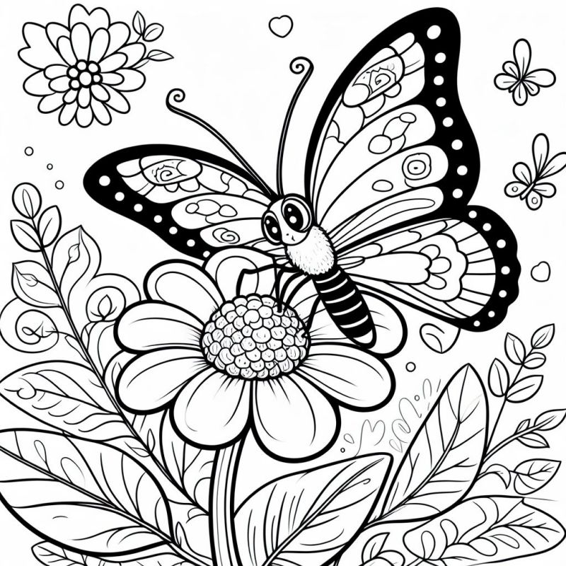 Desenho de borboleta pousada em flor com elementos naturais para colorir