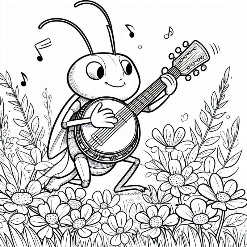 Desenho de inseto antropomorfizado tocando banjo em um campo florido