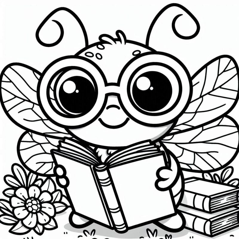 Adorável Inseto com Óculos e Livros para Colorir