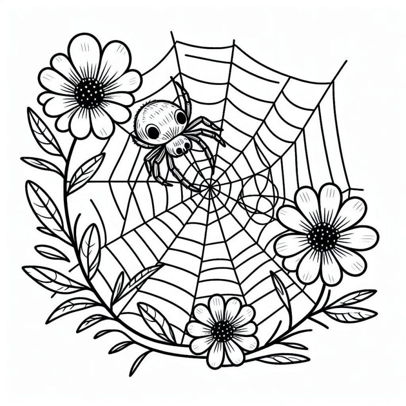 Desenho detalhado de teia de aranha com flores para colorir