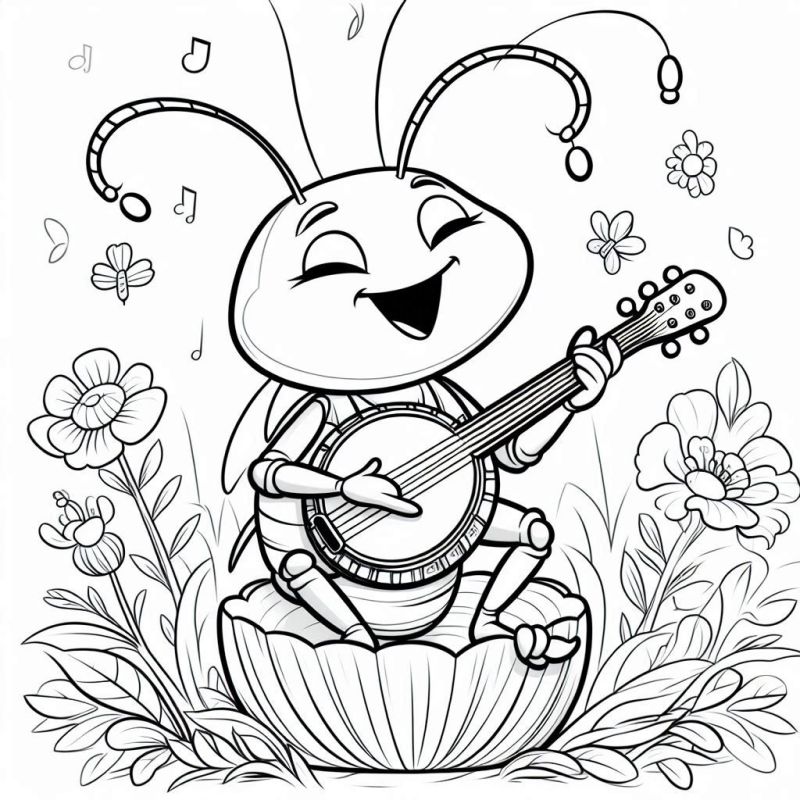 Desenho de Inseto Tocando Bandolim na Flor