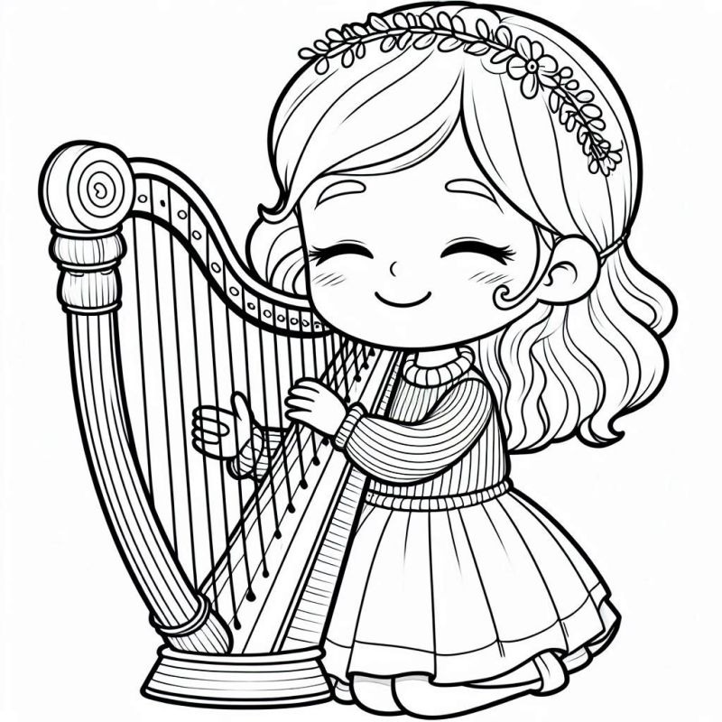 Desenho de Menina Tocando Harpa para Colorir