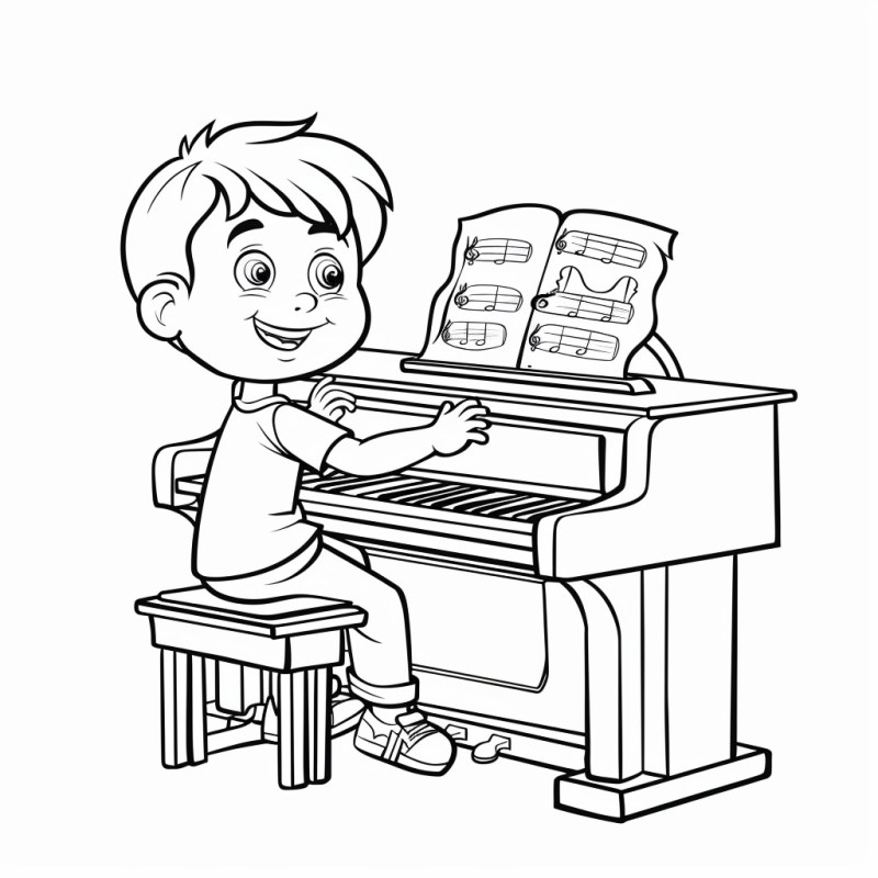 Desenho de Criança Sorridente Tocando Piano para Colorir