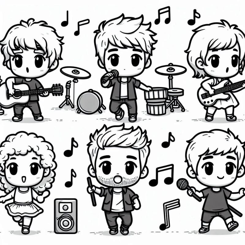 Desenho chibi de personagens tocando instrumentos musicais para colorir