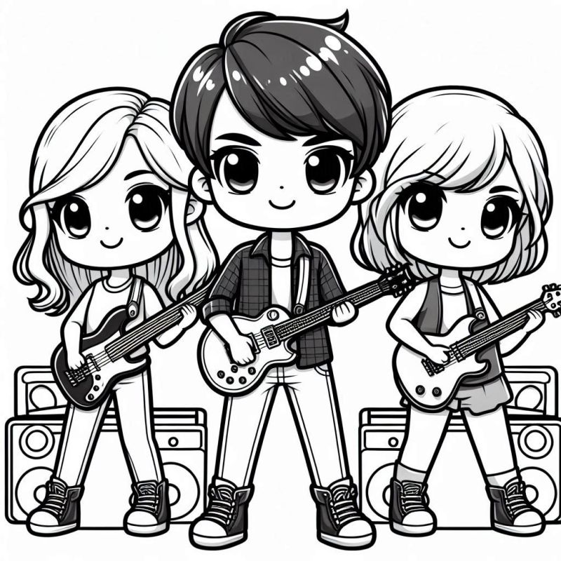 Desenho de personagens chibi segurando instrumentos musicais para colorir