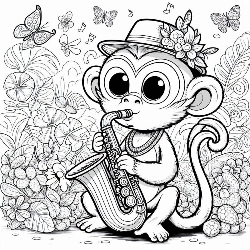 Desenho detalhado de macaco tocando saxofone para colorir