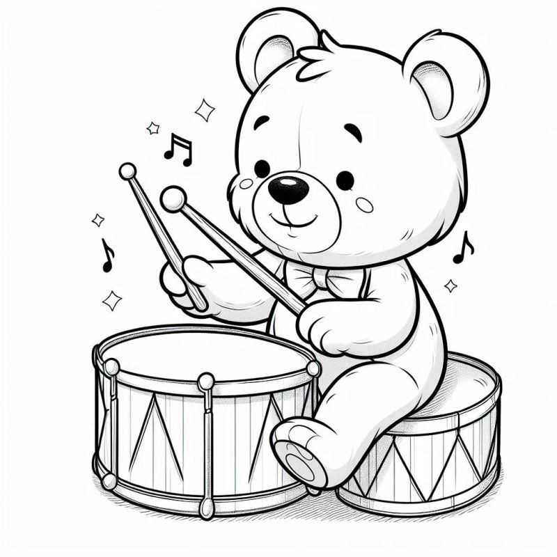 Desenho de Urso Tocando Tambores para Colorir