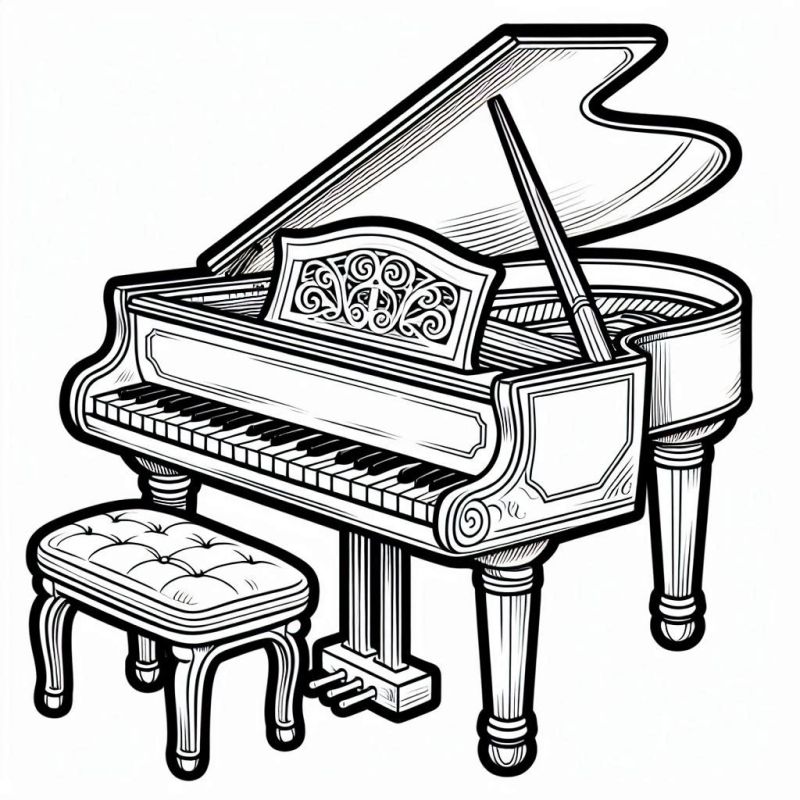 Desenho de um piano de cauda elegante com detalhes, pronto para colorir