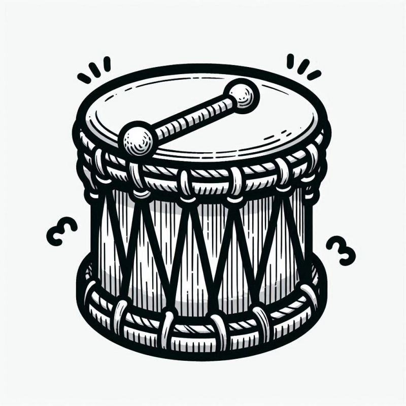 Desenho de tambor para colorir com detalhes de percussão e baquetas, ideal para crianças e adultos.