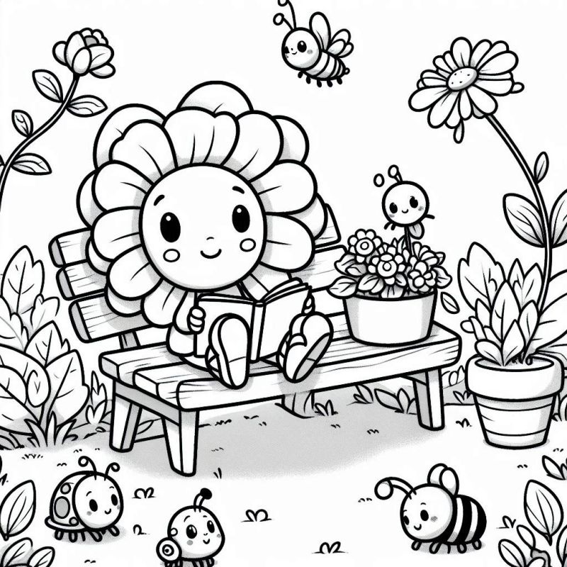 Desenho para Colorir: Personagem com Cabeça de Flor e Insetos Alegres