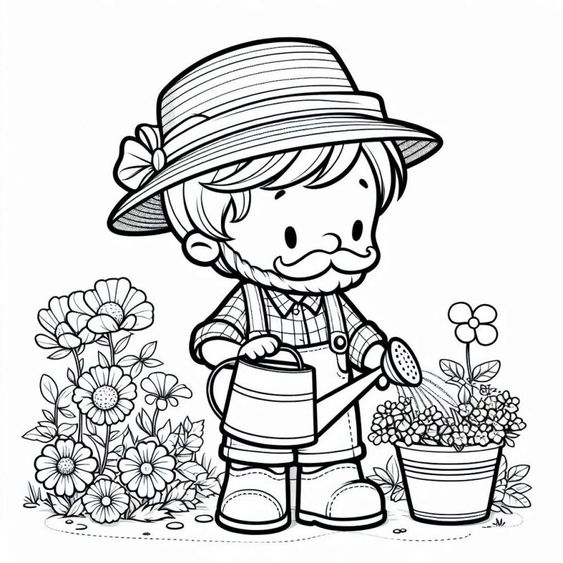 Desenho de jardineiro para colorir, regando plantas e usando trajes típicos de jardinagem.