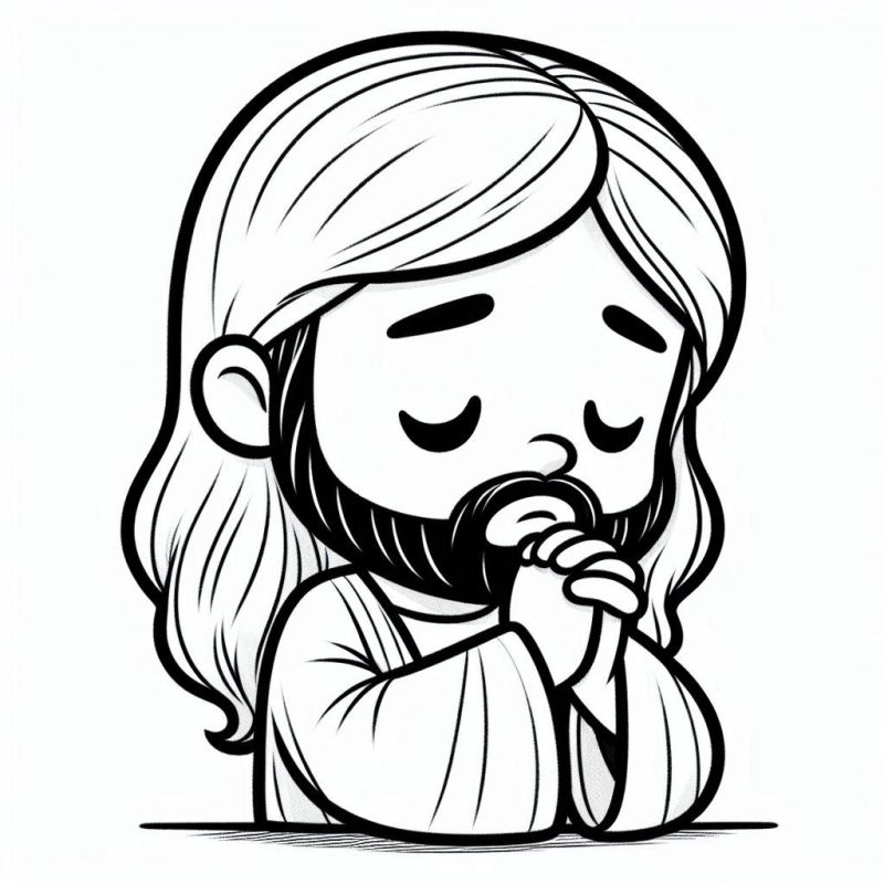 Desenho fofo de Jesus em estilo chibi com expressão serena e mãos em oração