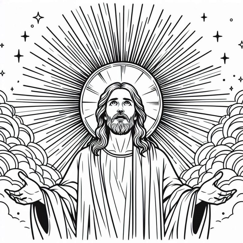 Jesus com braços abertos e luz ao redor, em um cenário celestial