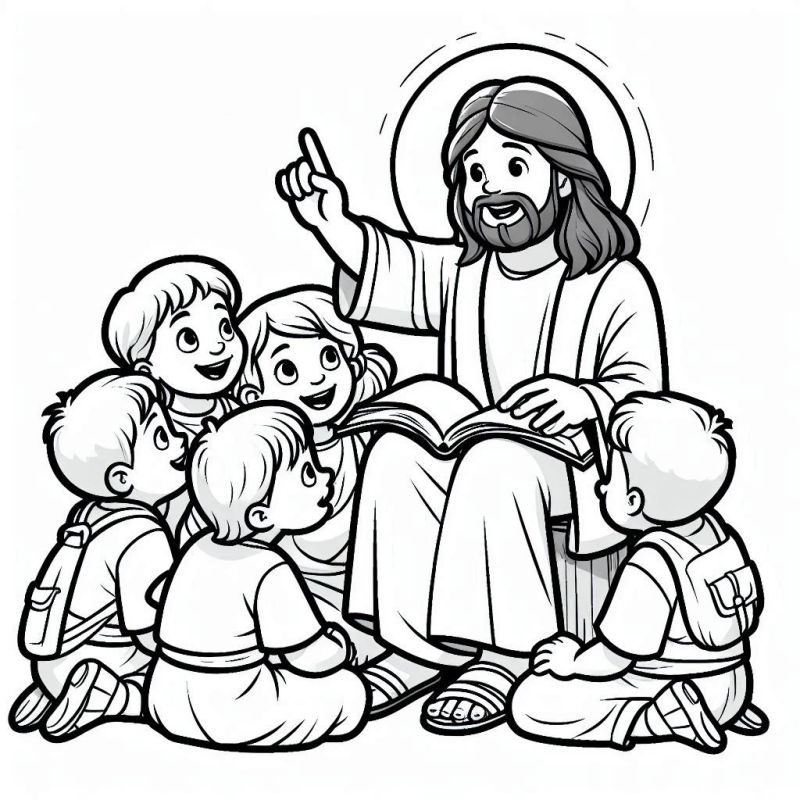 Desenho de Jesus com Crianças para Colorir