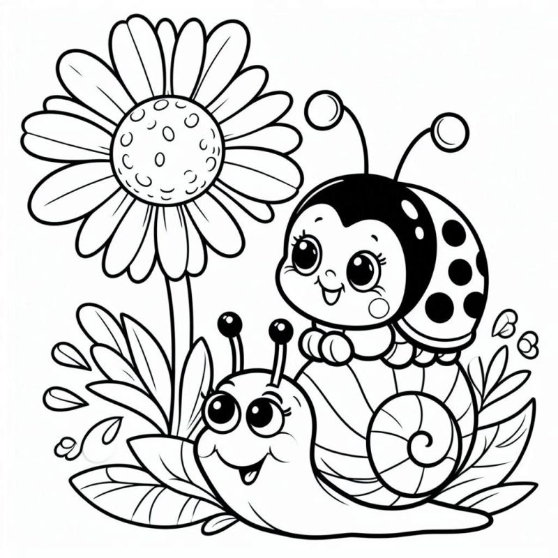 Desenho para colorir de uma joaninha e um caracol divertidos em um ambiente natural