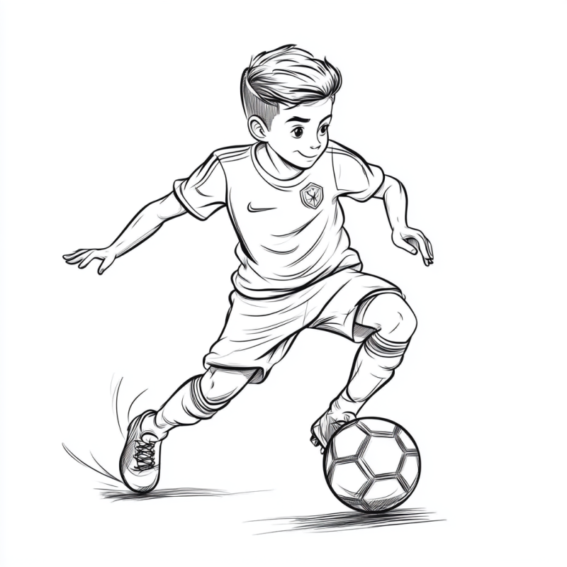 Desenho para Colorir: Jovem Jogador de Futebol em Ação