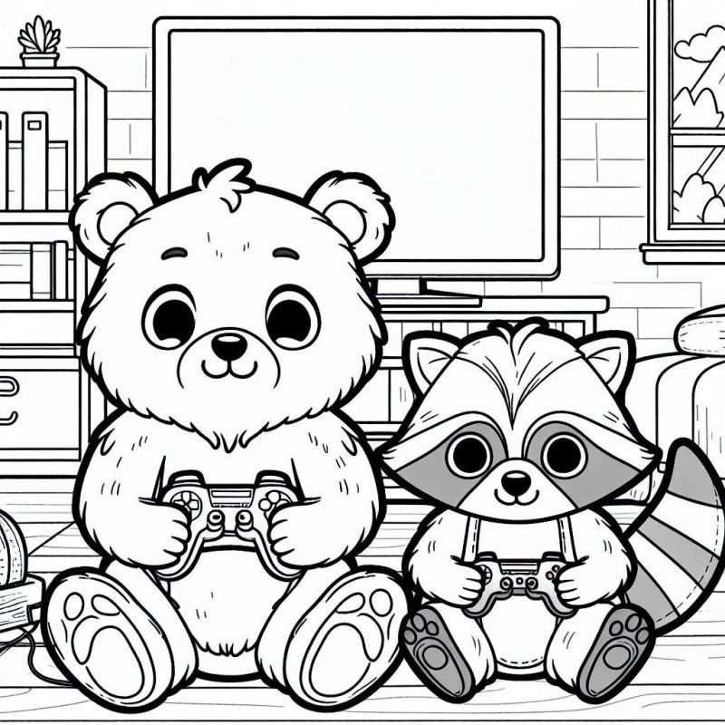 Desenho de urso e guaxinim jogando videogame em sala de estar