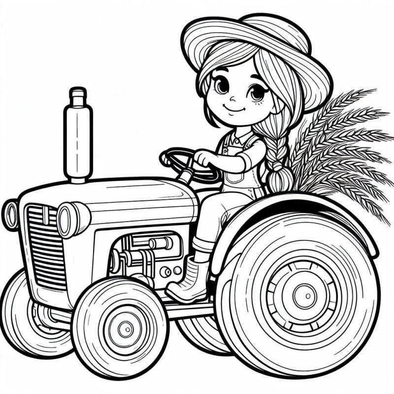 Desenho de Jovem Agricultora Dirigindo um Trator