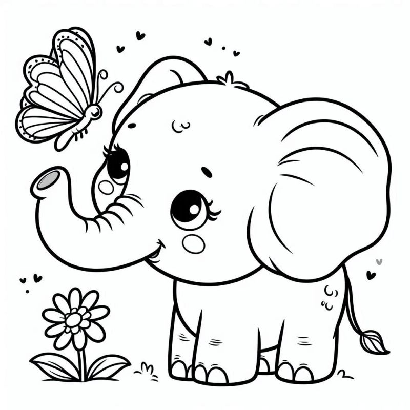 Desenho kawaii de um elefante filhote com borboleta e corações ao redor