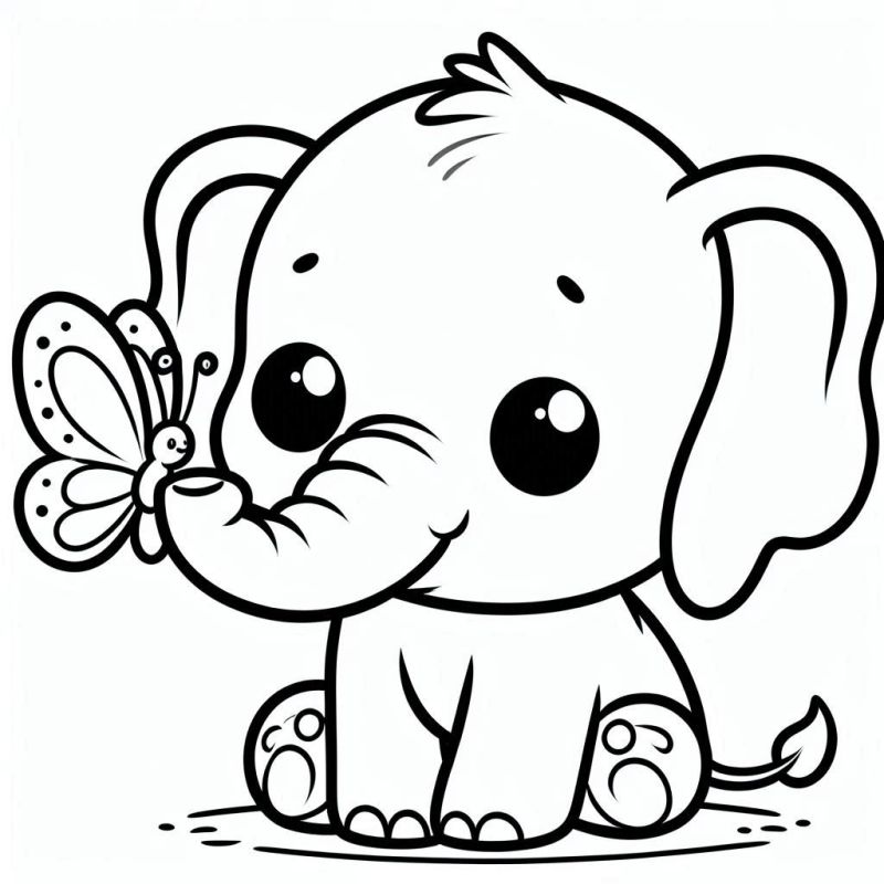 Desenho Kawaii de Elefante Bebê com Borboleta para Colorir