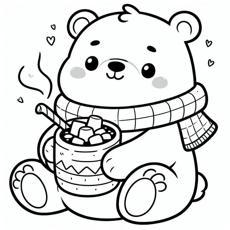 Ursinho Kawaii com Cachecol e Chocolate Quente para Colorir