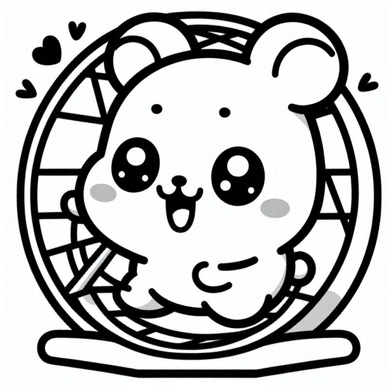 Desenho kawaii de um hamster fofo na roda de exercício para colorir