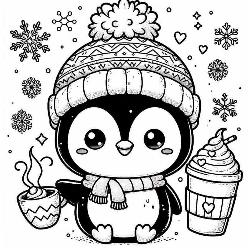 Pinguim Kawaii com Gorro, Cachecol e Bebida Quente para Colorir