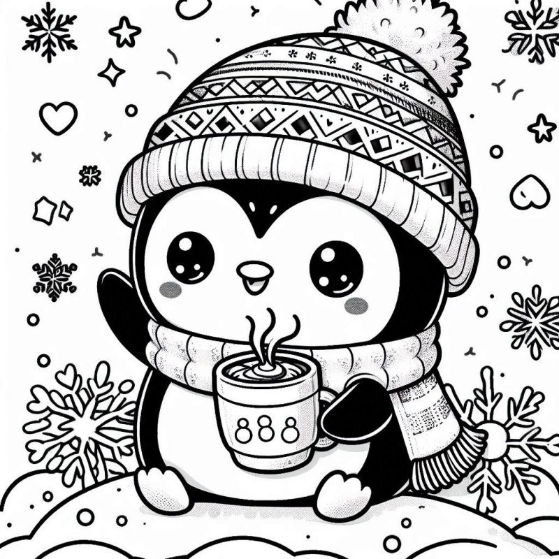 Pinguim kawaii fofo com gorro de inverno e caneca quente para colorir