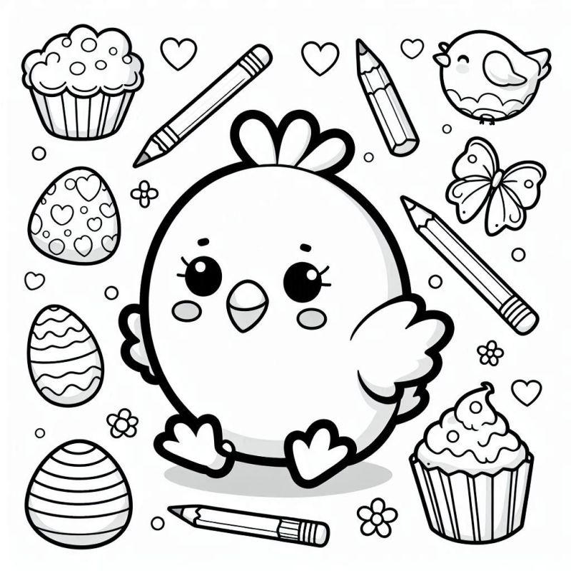 Desenho kawaii de pintinho com cupcakes para colorir