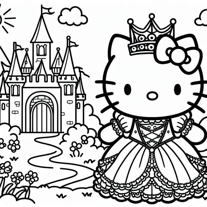 Coloring Page: Hello Kitty Princesa no Castelo Encantado