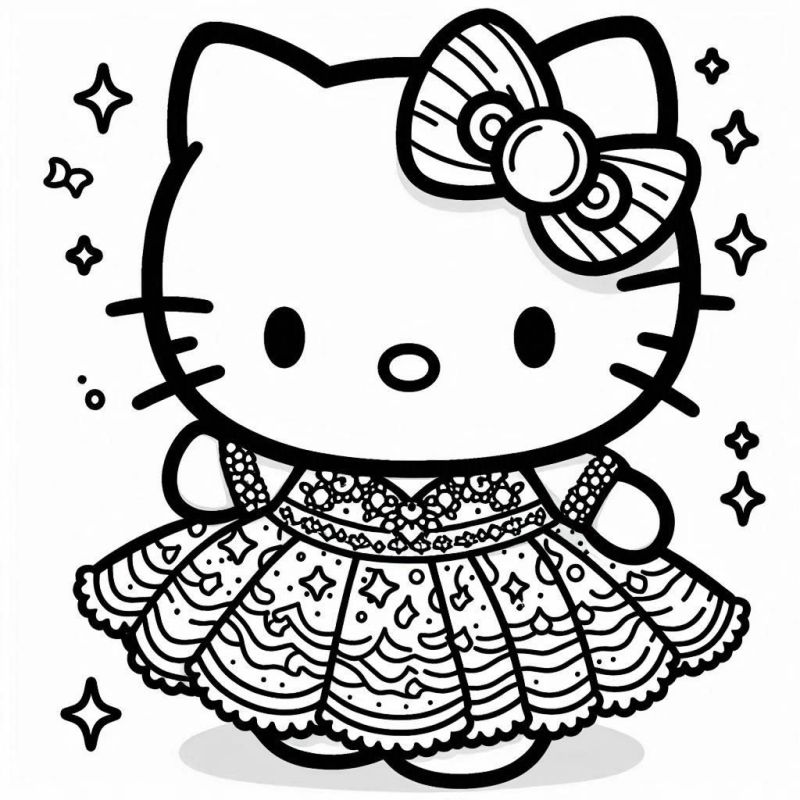 Hello Kitty no Seu Vestido Festivo: Desenho para Colorir