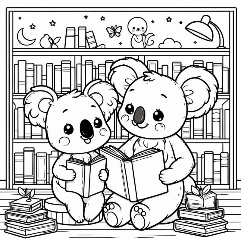 Koalas Leitores na Biblioteca para Colorir