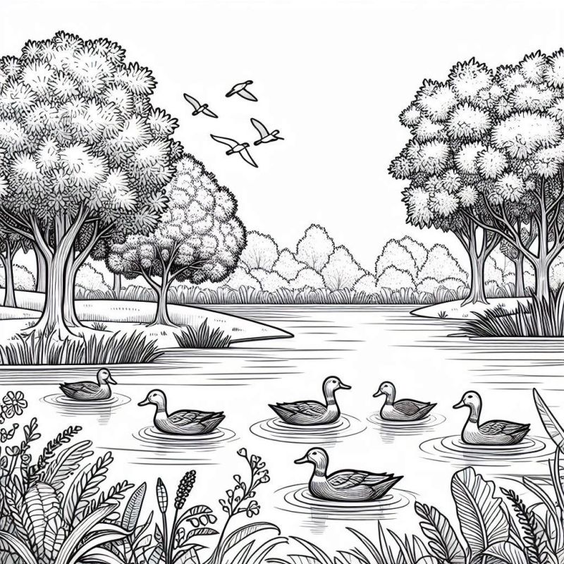 Desenho de lago com patos e árvores para colorir