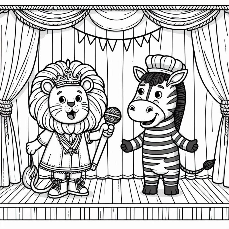 Cena de palco com leão e zebra para colorir