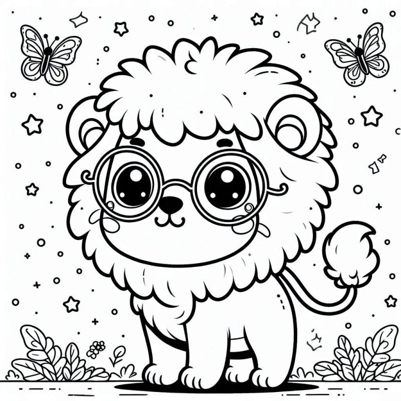 Desenho de Leãozinho Kawaii com Óculos para Colorir