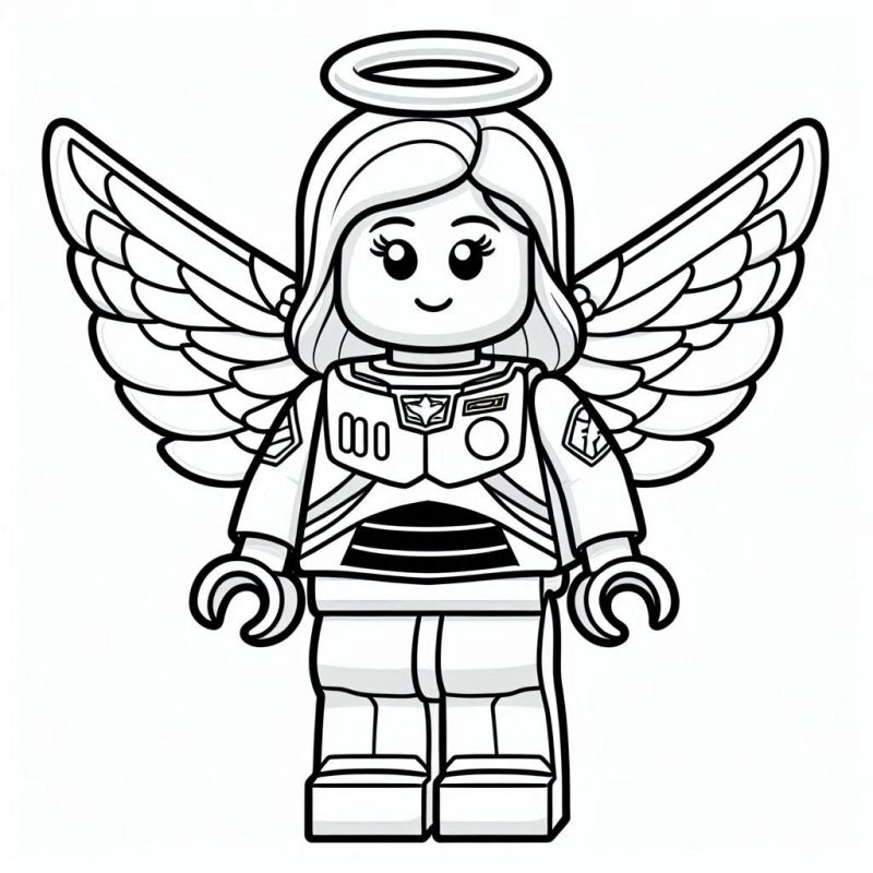 Desenho de uma figura de Lego angelical com asas para colorir