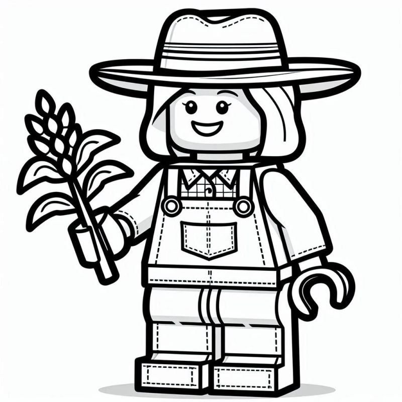 Desenho para colorir de personagem de Lego fazendeira com chapéu e espiga de trigo