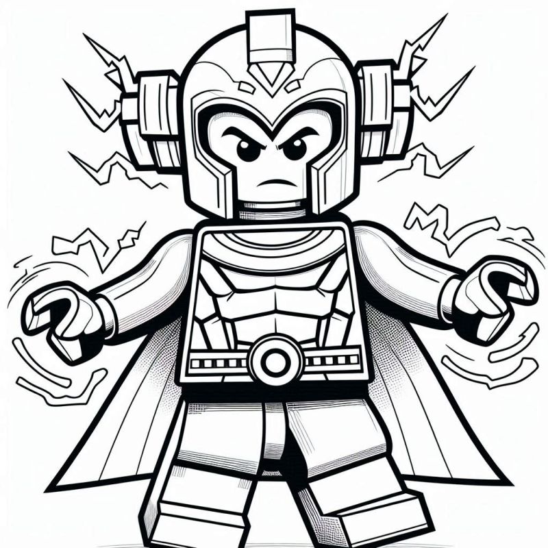 Desenho do super-herói LEGO Magneto para colorir, com armadura e capacete detalhados.