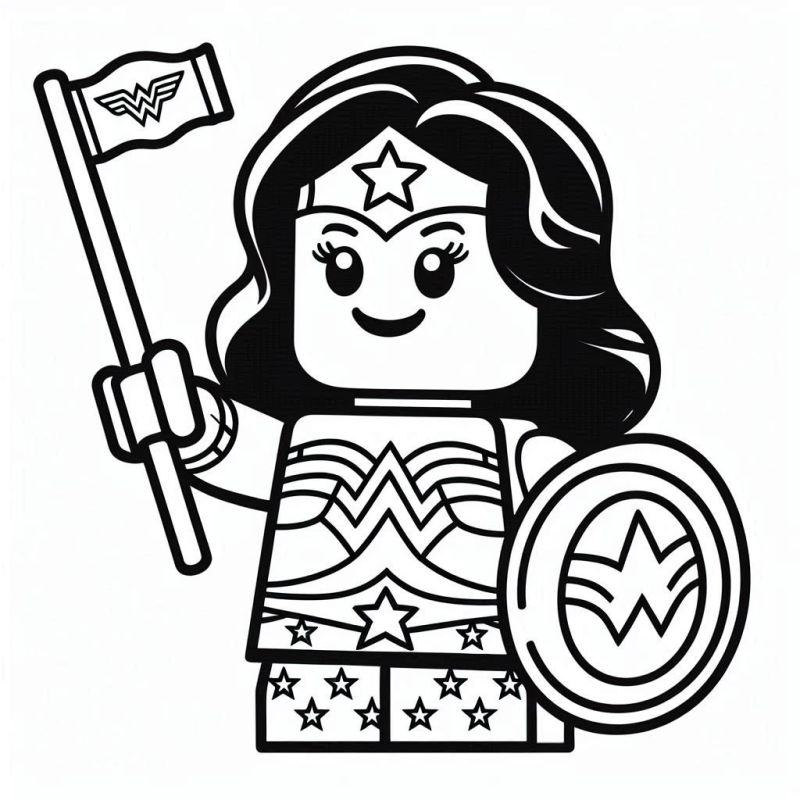 Desenho de LEGO Mulher Maravilha para colorir com roupa de estrela e símbolos heroicos.