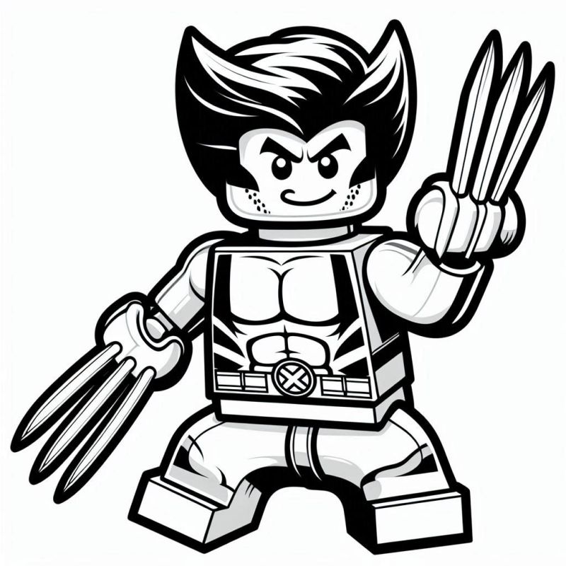 Wolverine em figura LEGO para colorir com garras afiadas e pose dinâmica