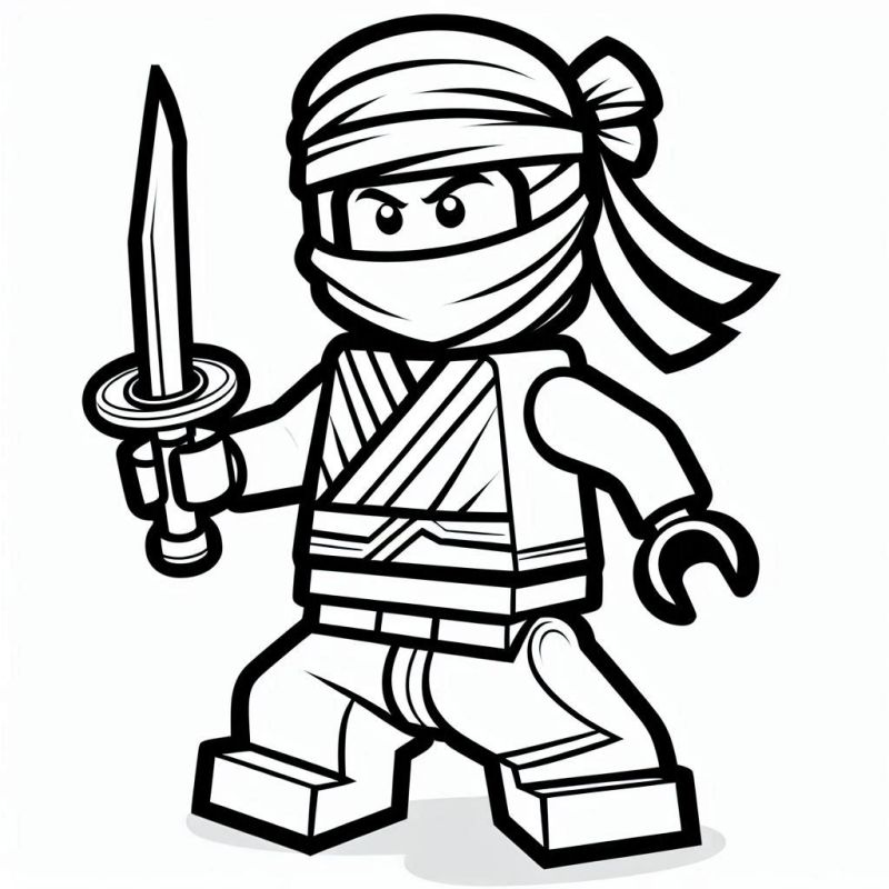 Desenho de personagem Lego vestido como ninja, pronto para colorir