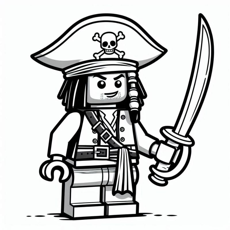 Desenho em preto e branco de um personagem de Lego vestido como pirata, ideal para colorir