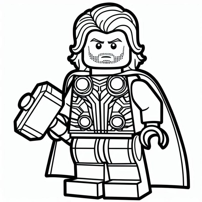 Desenho do Thor em estilo LEGO segurando o martelo Mjolnir com uma capa