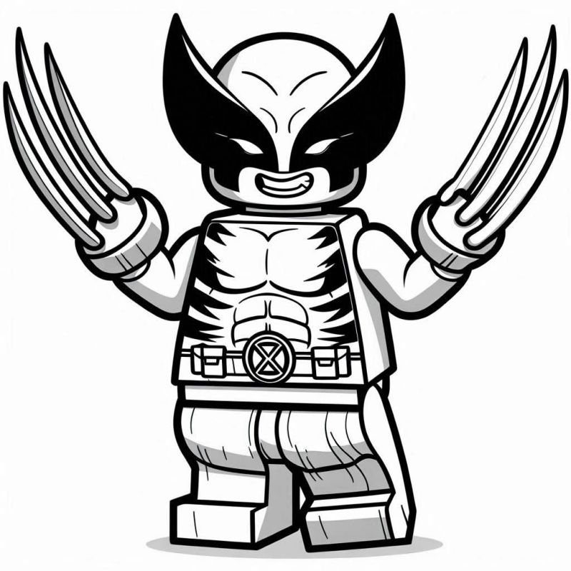 Desenho em preto e branco de um boneco LEGO do Wolverine com garras afiadas para colorir.