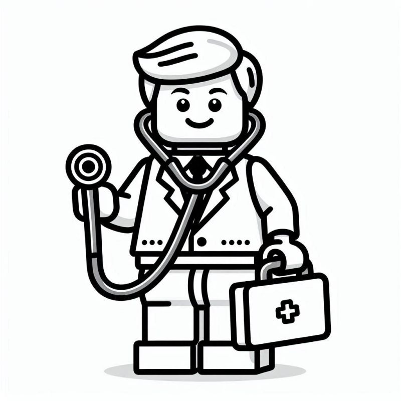 Desenho para colorir de um médico Lego com estetoscópio e maleta médica.