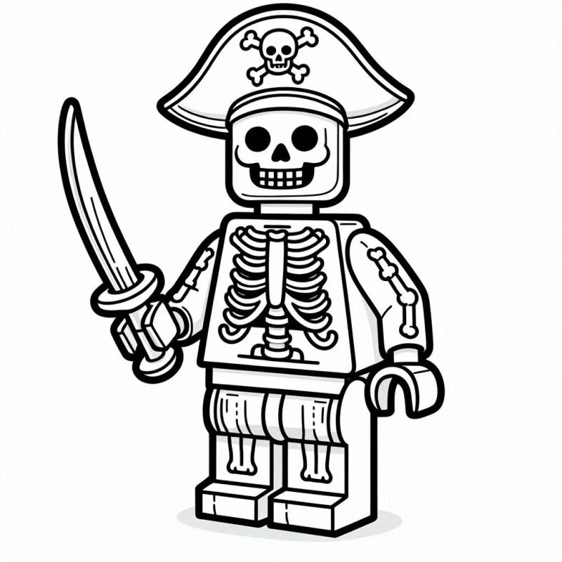 Desenho para colorir de um personagem Lego vestido como pirata esqueleto