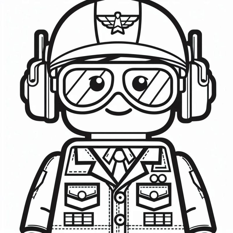 Desenho de piloto Lego para colorir com uniforme e acessórios detalhados