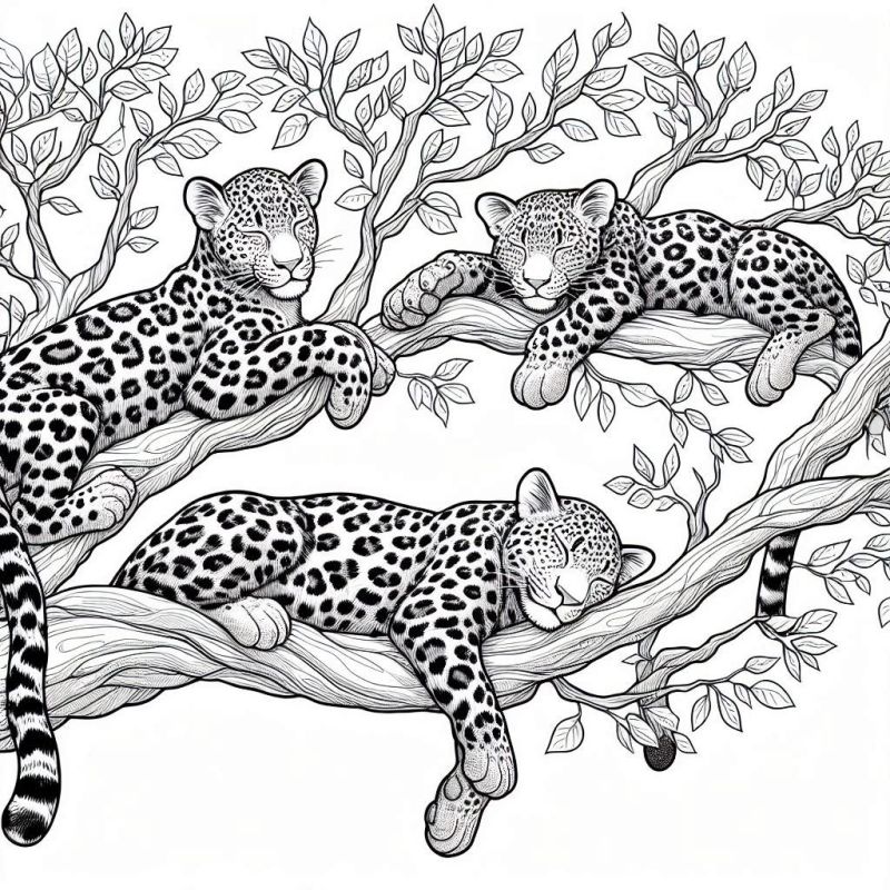 Desenho de três leopardos repousando em uma árvore africana para colorir