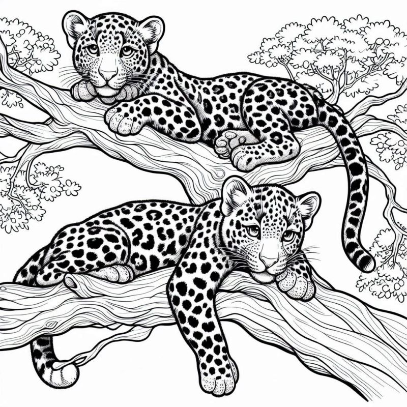 Dois Leopardos Descansando na Árvore para Colorir