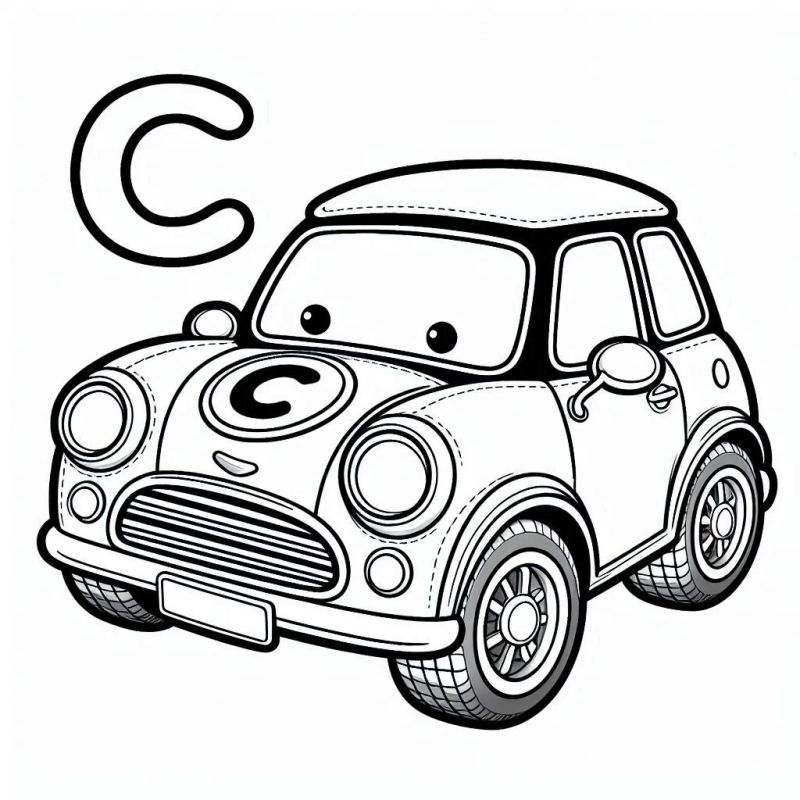 Desenho da Letra C com Carro Amigável para Colorir